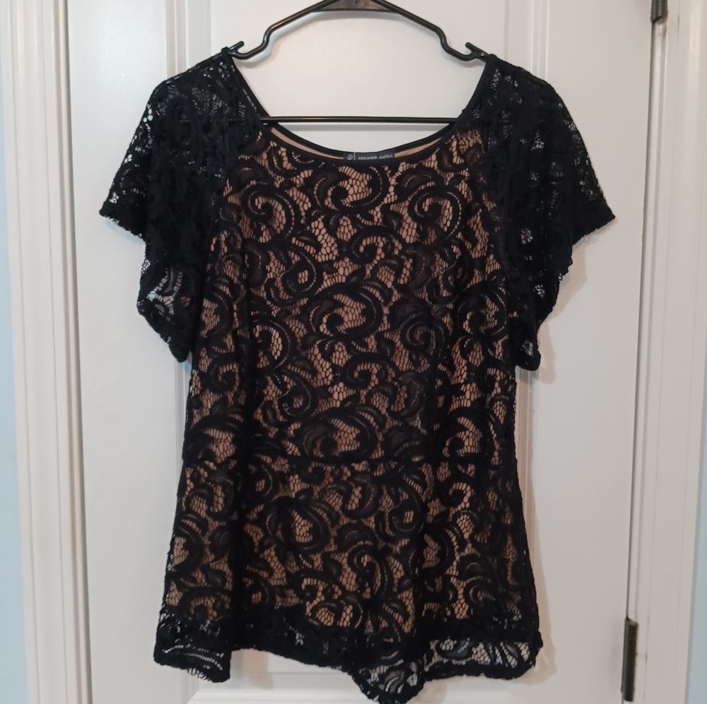 Adrianna Papell Large lace blouse, black with tan underlay.